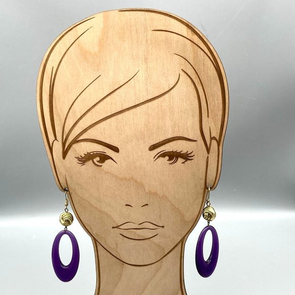 Unique Elongated Hoop Dangle Earrings, Gold Tone Vintage Knot drops to Purple - Picture 3 of 5